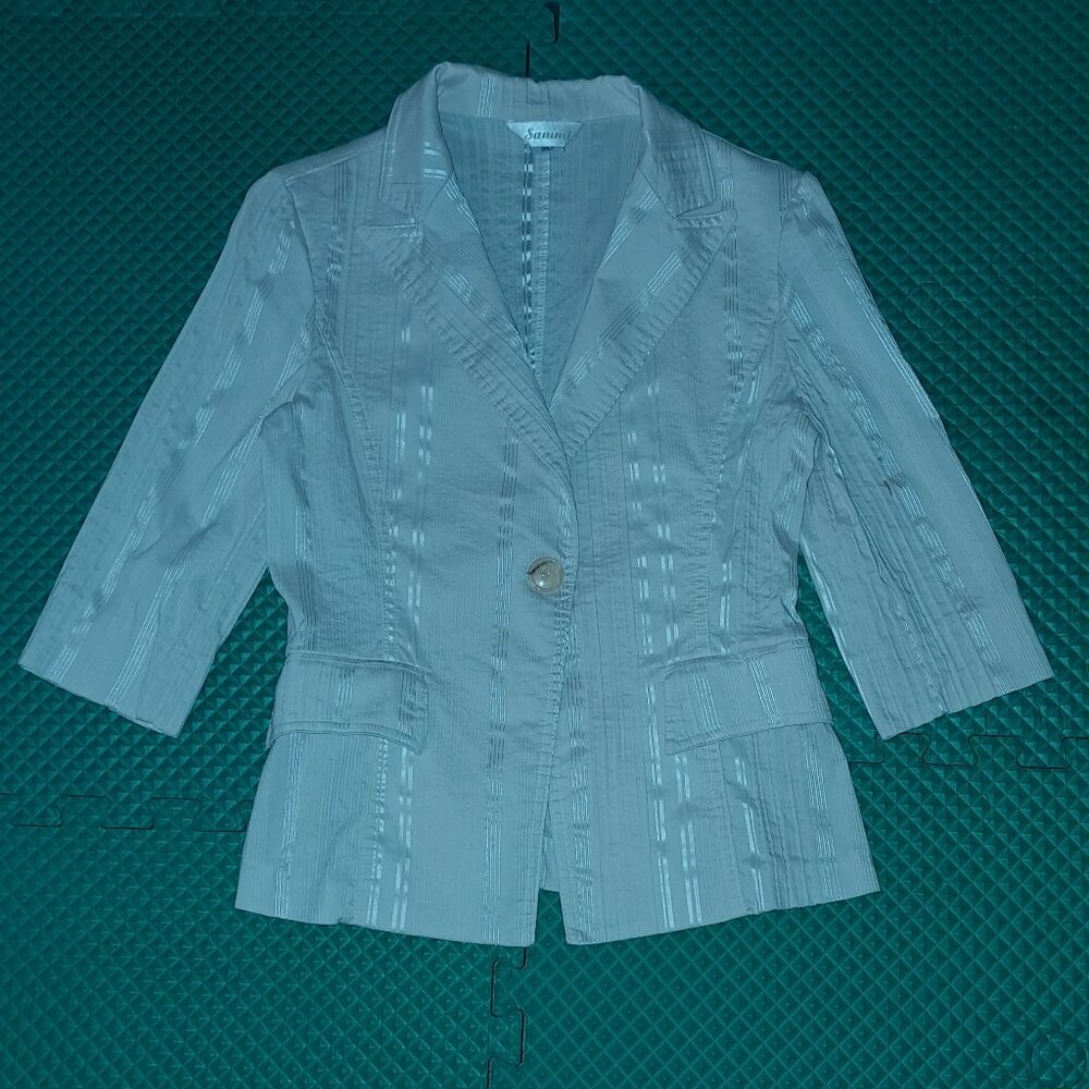 Light Weight Stripe Textured One Button Stretch Jacket & Skirt Suit Set
